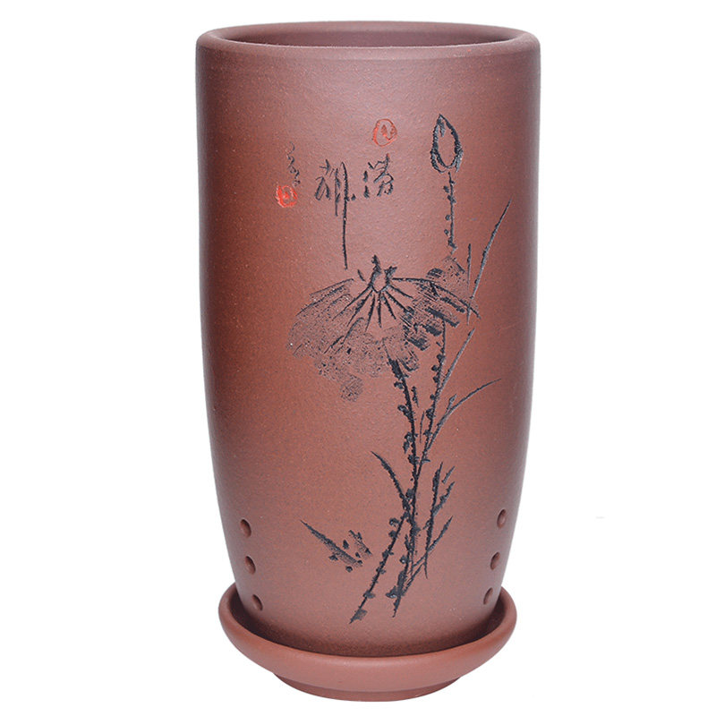 紫砂兰花盆精品盆栽绿植文竹花盆梅兰竹菊创意简约古典签筒花盆