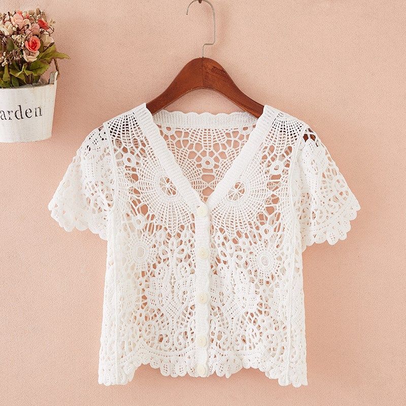针织短袖开衫外套女宽松镂空连衣裙外搭披肩外穿夏季薄款V领上衣