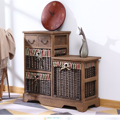 简约卧室高低柜实木床头柜藤编抽屉式收纳斗柜美式田园多层储物柜