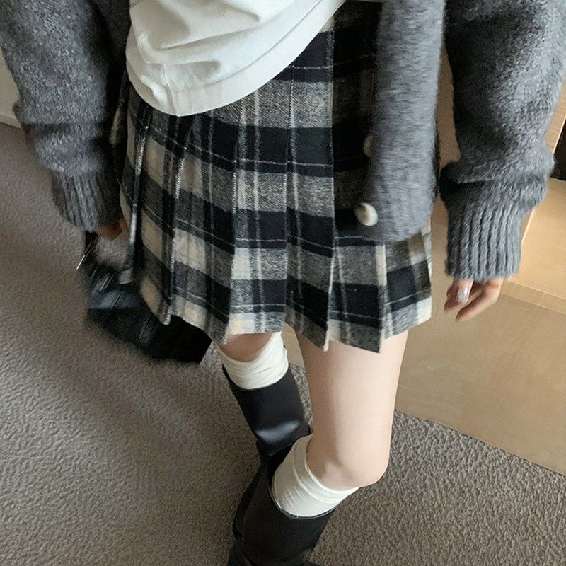 大码毛呢复古红色格子百褶裙女秋冬小个子高腰显瘦A字短裙半身裙