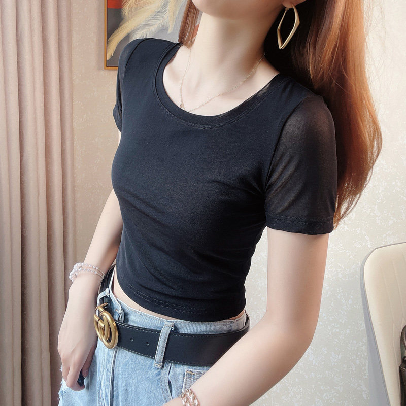 白色网纱t恤女上衣夏季薄款吊带裙内搭短袖纱衣短款紧身蕾丝打底