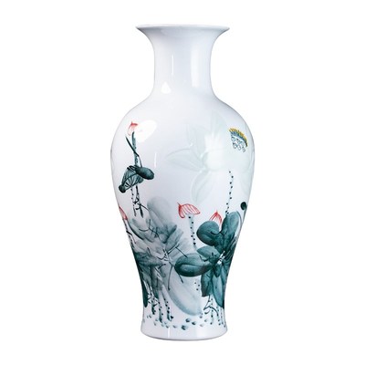 景德镇陶瓷中式小花瓶手绘荷花客厅电视柜酒柜装饰富贵竹插花摆件