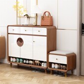 凳储物柜 柜一体靠墙家用门口门厅柜客厅换鞋 新中式 实木框玄关柜鞋