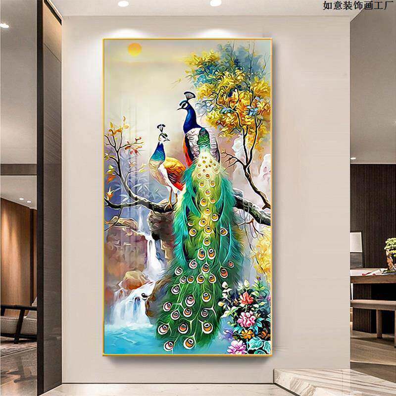 客厅入户正对门玄关装饰画孔雀凤凰挂画走廊过道墙壁画晶瓷镶钻石