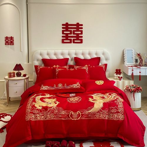 红色婚庆四件套结婚刺绣龙凤床单红色棉婚房新婚床上用品