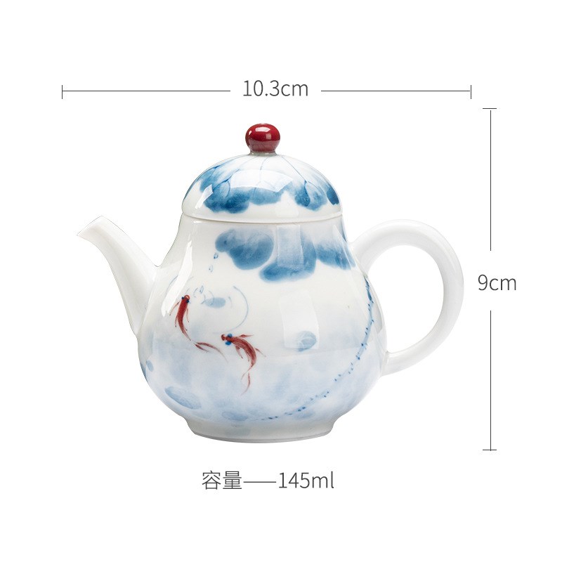 弥言白瓷手绘鱼戏荷塘茶壶家用泡茶壶带过滤单壶纯手工陶瓷泡茶器