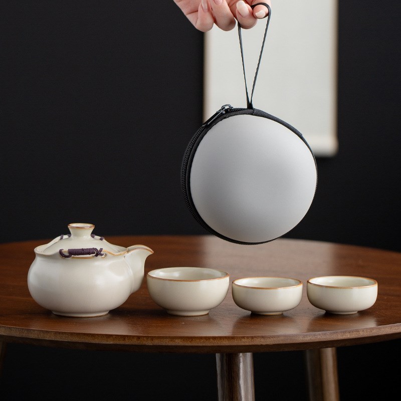 青花汝窑户外旅行茶具便携式高档陶瓷一壶三杯快客杯随身泡茶套装