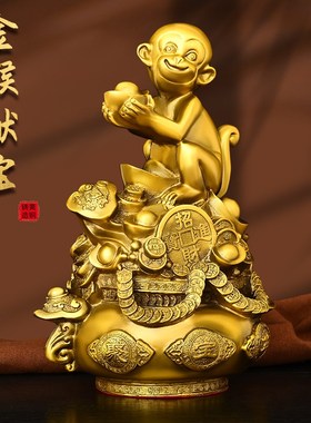 金猴献宝铜猴子摆件纯铜聚宝盆福袋猴客厅办公室象上封猴生肖福猴
