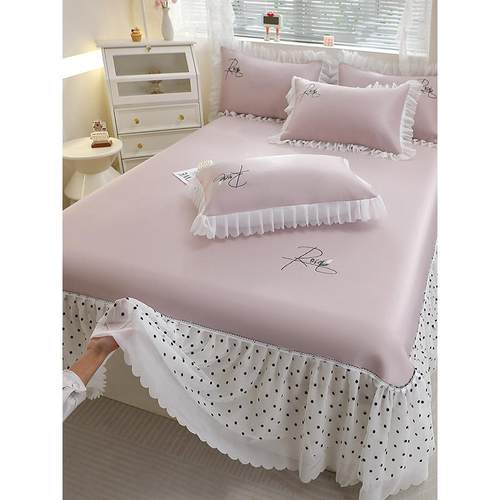 夏季冰丝凉席三件套1.8/2m蕾丝床裙款公主风可水洗折叠空调软凉席