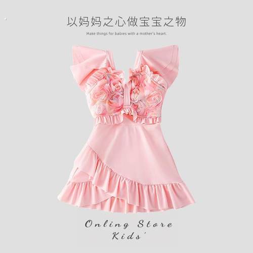 女童短袖防晒连体泳衣裙式速干立体大花儿童游泳衣女孩保守泳装