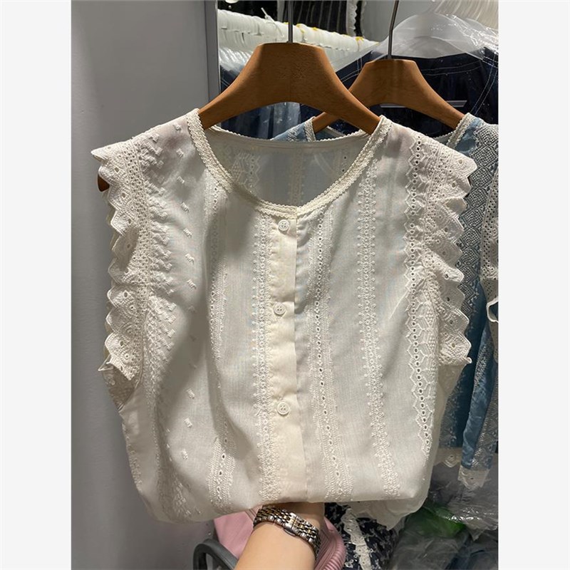 法式蕾丝花边条纹背心衬衫女夏天设计感韩系别致漂亮无袖小衫上衣