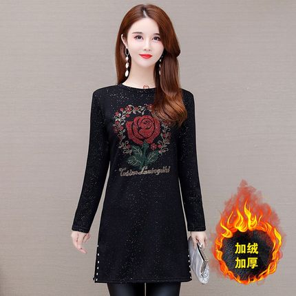 打底衫秋冬大码加绒加厚保暖宽松中长款妈妈中年女装连衣裙女上衣