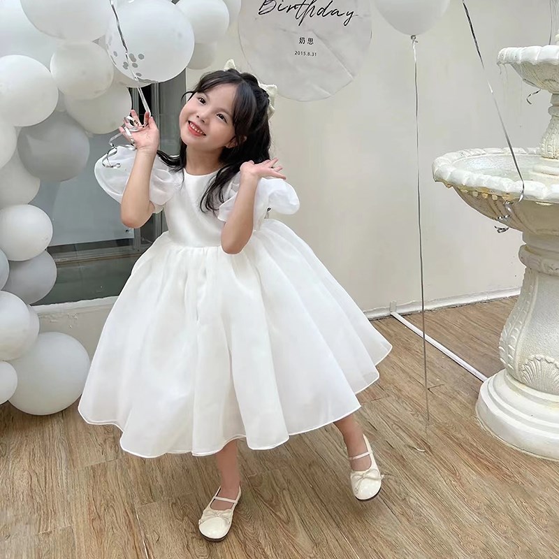 花童婚礼小女孩礼服裙女童蛋糕裙纯色儿童生日宴公主裙白色拍照裙