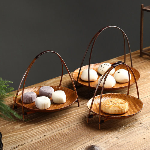 手工竹编提篮大漆点心篮家用收纳水果篮果盘日式竹干果盘碟茶点盘