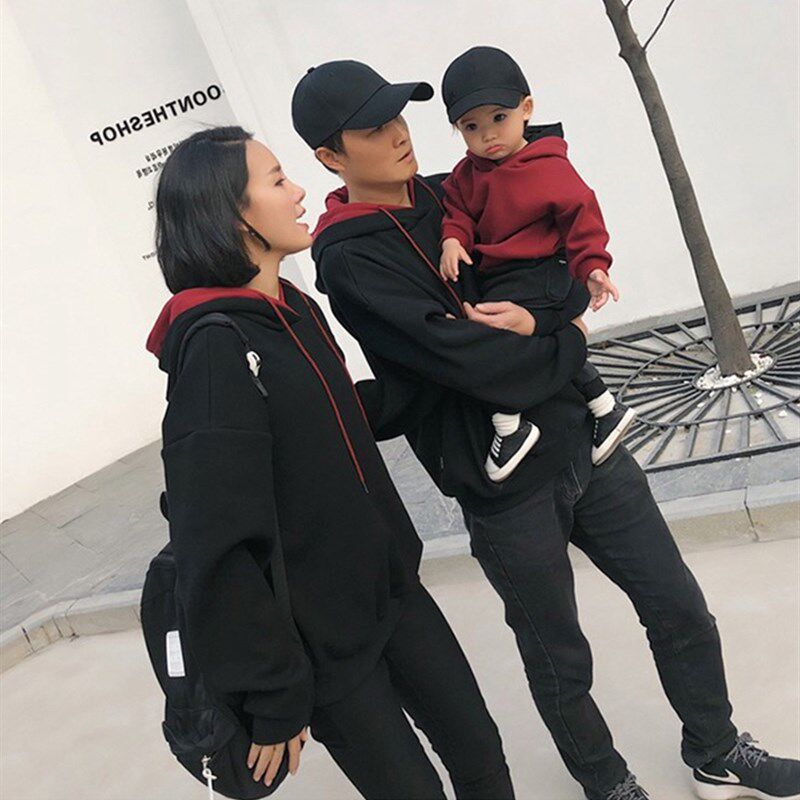 亲子装韩国个性双层帽卫衣2022新款秋季一家三口加绒爬服母子母女