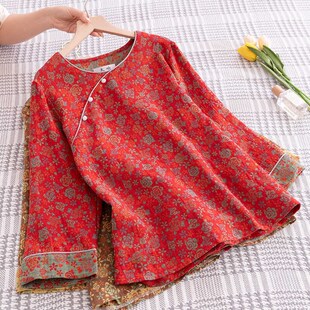 宽松薄款 新中式 睡衣上装 春夏四季 家居服 国风盘扣纯棉双层棉纱女