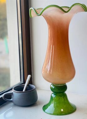 大型美式花瓣口奶橘撞绿色纯手工玻璃风灯花瓶水养插花器家居摆件