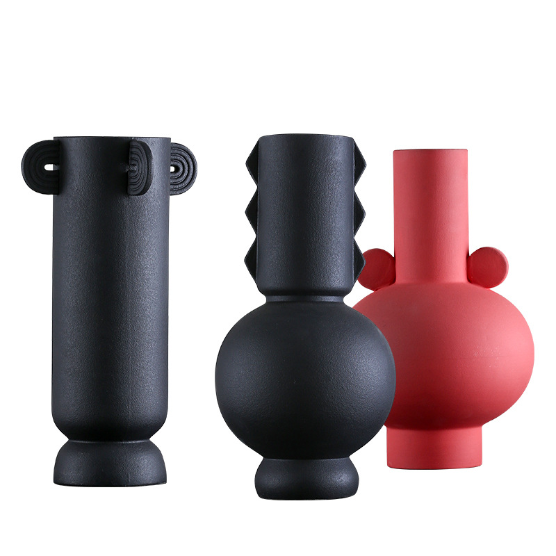 黑色高档直筒陶瓷花瓶摆件酒店软装样板间展会装饰品