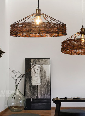 美式乡村复古藤编蒙古包吊灯创意餐厅酒吧台网咖工业风铁艺吊灯具