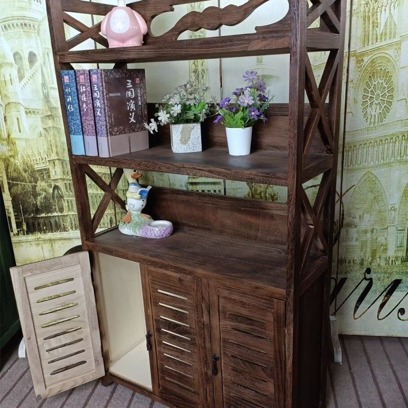 田园书架简约书报架复古柜子实木储物柜玄关柜百叶地柜阳台柜子