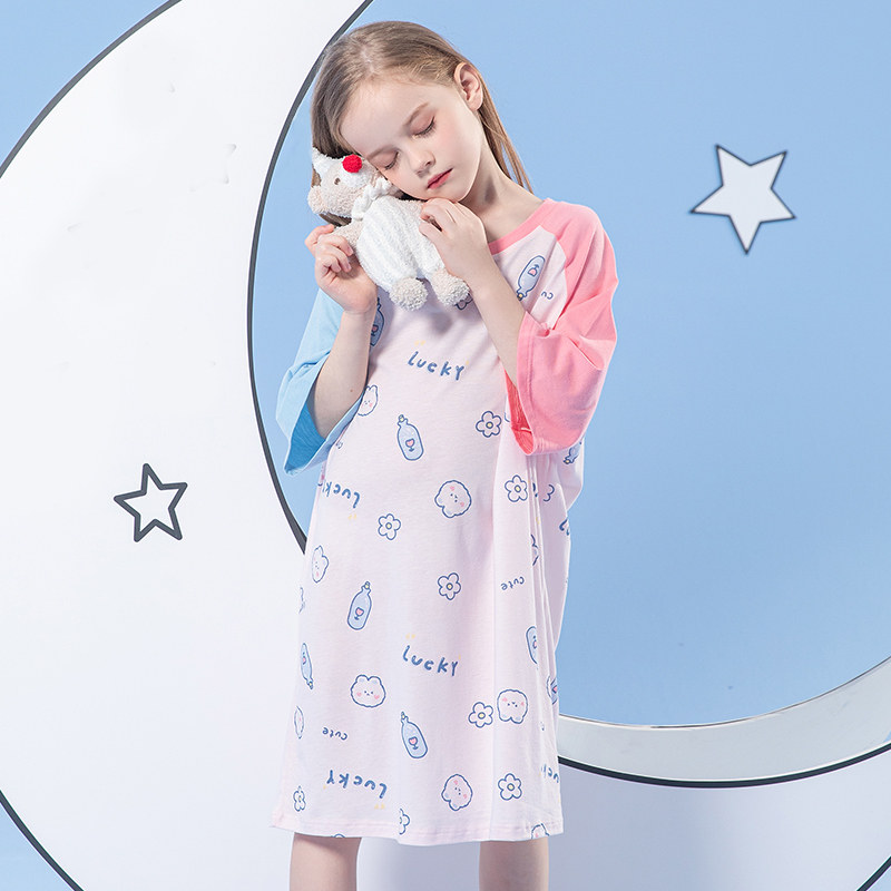 英博伦女童睡裙公主风纯棉夏季薄大童女孩家居服2023儿童亲子睡衣