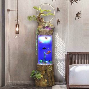 新中式创意流水喷泉水景圆柱形金鱼缸免换水客厅落地摆件加湿器