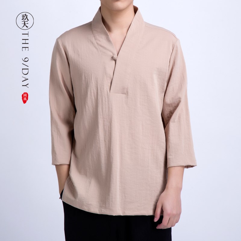 中式男装民族居士唐装青年茶服亚麻改良中国风汉服短袖禅修服道服