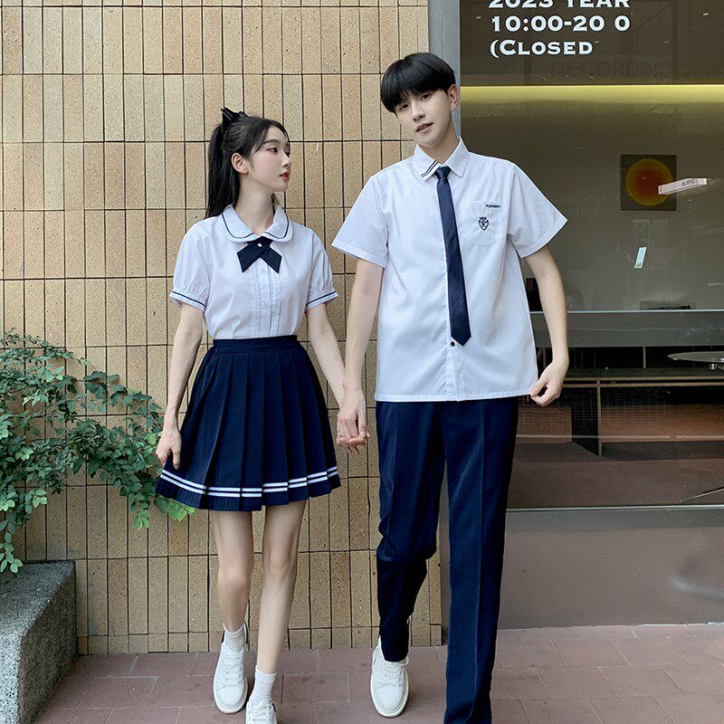 短袖衬衫jk制服百褶半身裙中长款长裙学生班服套装大码学院风女夏