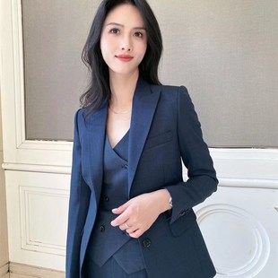 秋季新款青灰色三件套修身显瘦西装套装女西服外套职业时尚装