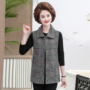 妈妈马夹秋外穿短款翻领四五十岁中老年女装春秋穿的格子马甲背心