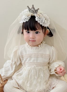 女童生日帽礼服头纱女宝宝周岁公主发簪一岁婴儿皇冠头饰婚纱发饰