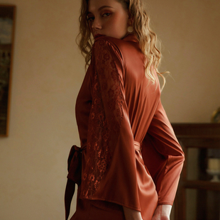 雅小姐性感蕾睡衣女春夏丝镂空睡袍感晨袍浴袍系带中袖 睡衣家居服