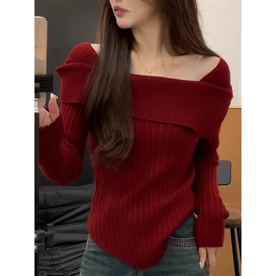 大码胖妹妹法式一字肩红色毛衣打底衫女装秋冬修身显瘦针织衫上衣
