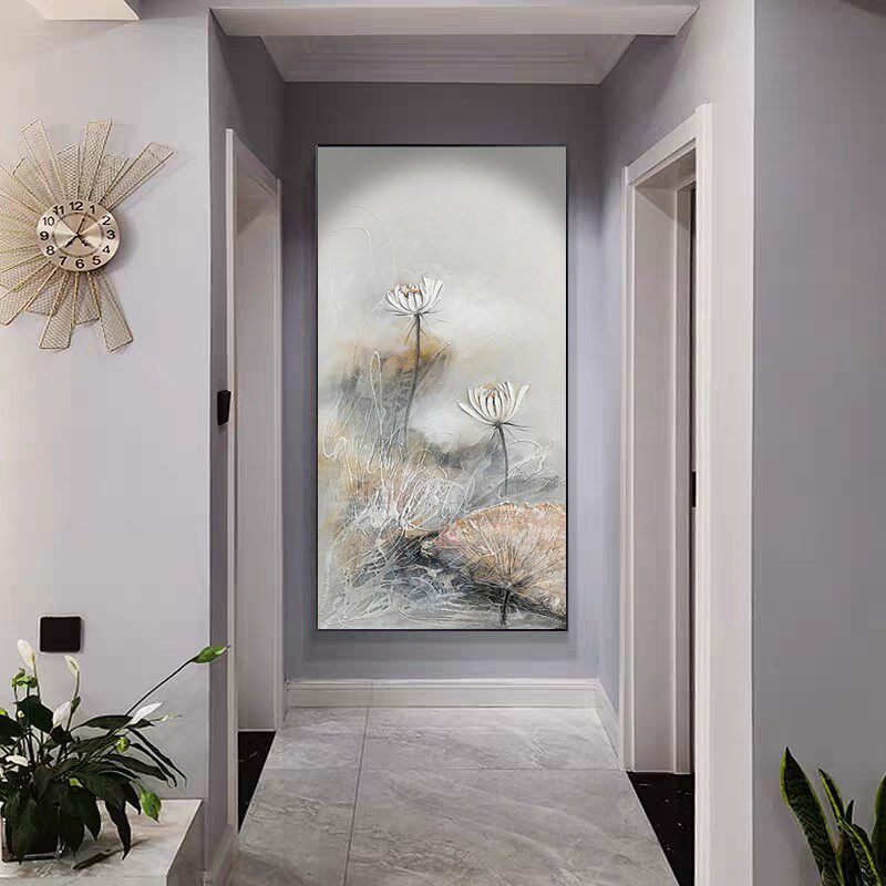 入户玄关装饰画荷花油画竖版走廊尽头新中式挂画客厅写意风景壁画
