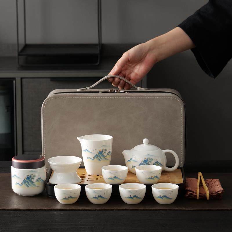 露营外出便携式+旅行茶具套装+陶瓷茶壶茶杯茶盘高档简约功夫茶具