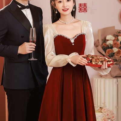 敬酒服新娘小个子酒红色平时可穿冬季订婚中长款出阁宴回门礼服女