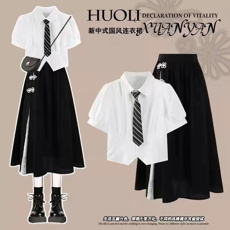 女童夏装连衣裙套装2024新款12中大童学生国风短袖衬衫毕业季礼服