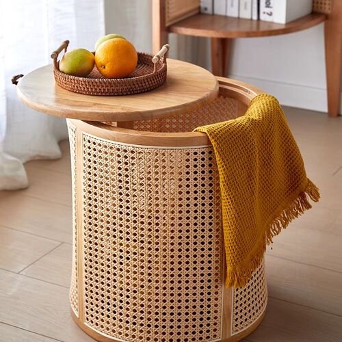 收纳篮日式脏衣篓藤编实木小茶几沙发圆边几创意收纳储物筒床头柜