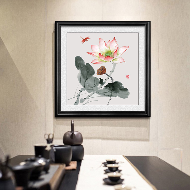 荷花装饰画中国风莲花水墨壁画客厅饭厅玄关背景墙画楼梯墙壁挂画图片