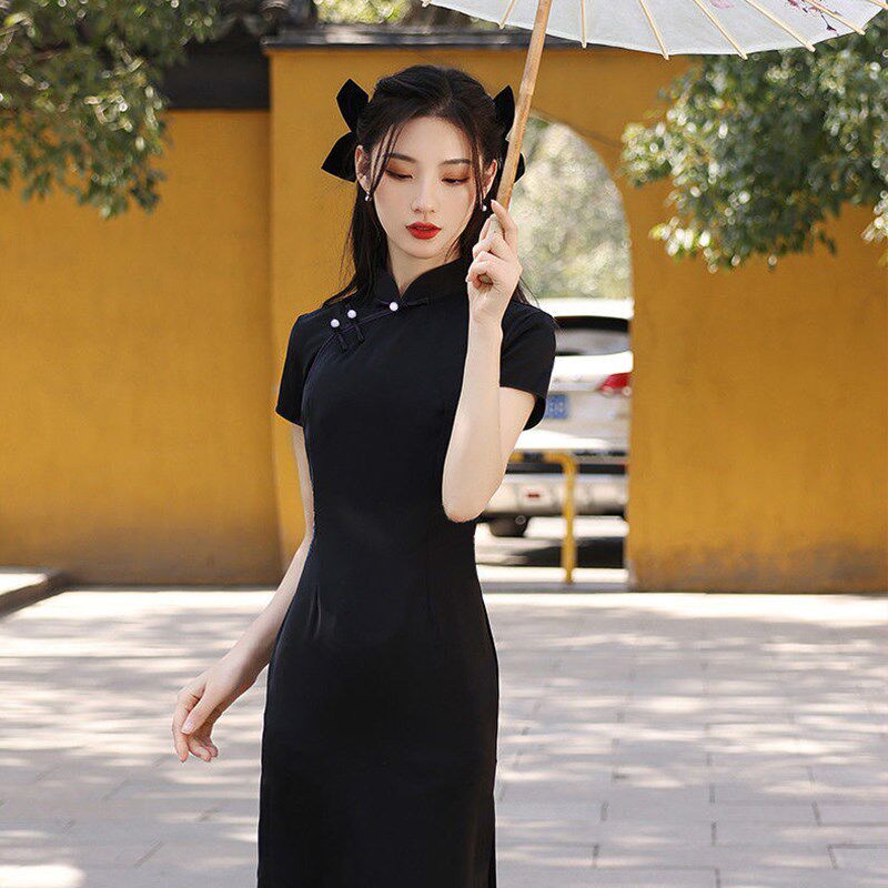 旗袍改良夏2021新款黑色中国风少女年轻款演出礼服日常复古连衣裙