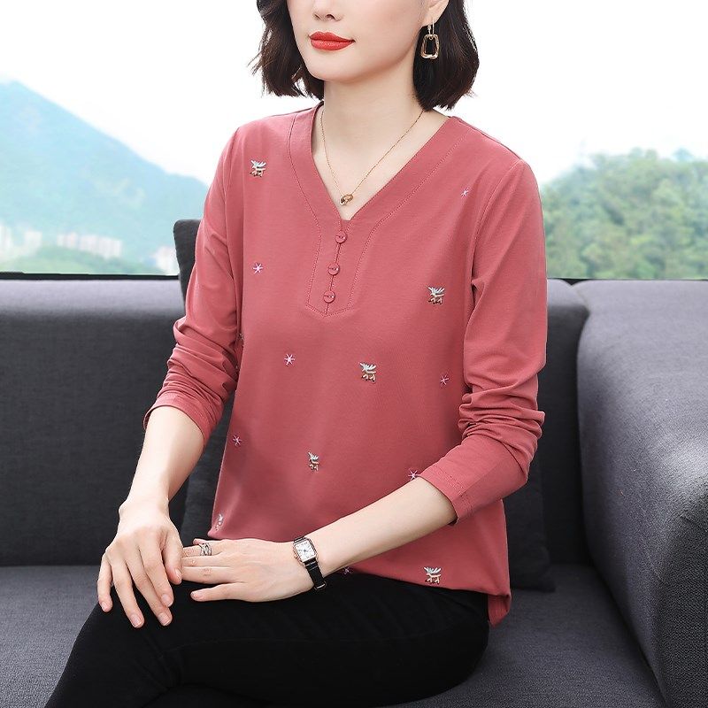 妈妈纯棉长袖T恤女2024春秋装新款中老年大码V领上衣气质打底衫潮