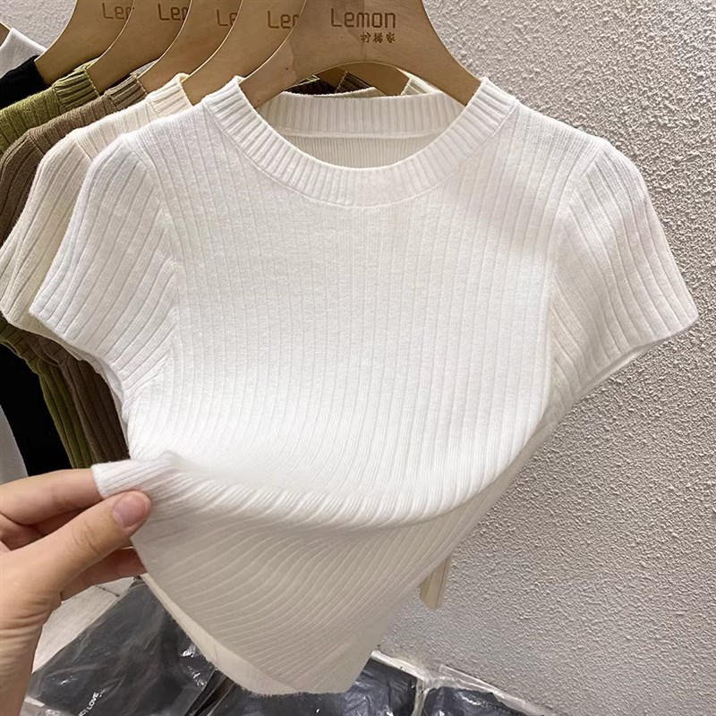 2024秋季辣妹短款短袖T恤女修身显瘦内搭打底衫白色法式针织上衣