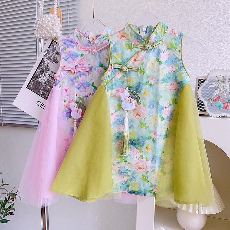 女童碎花连衣裙夏装2024新款网纱宝宝公主背心裙中国风女孩旗袍裙