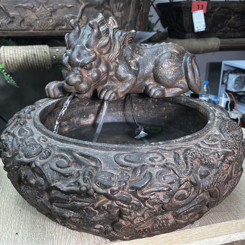 中国风仿青石禅意桌面花盆水盆石头怀旧做旧吐水吸水兽流水花盆