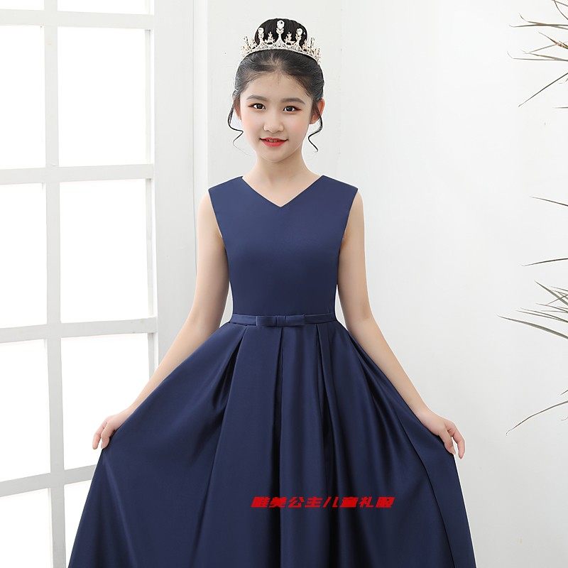 女中大童演出服公主裙儿童礼服主持人走秀钢琴古筝表演服藏青新款
