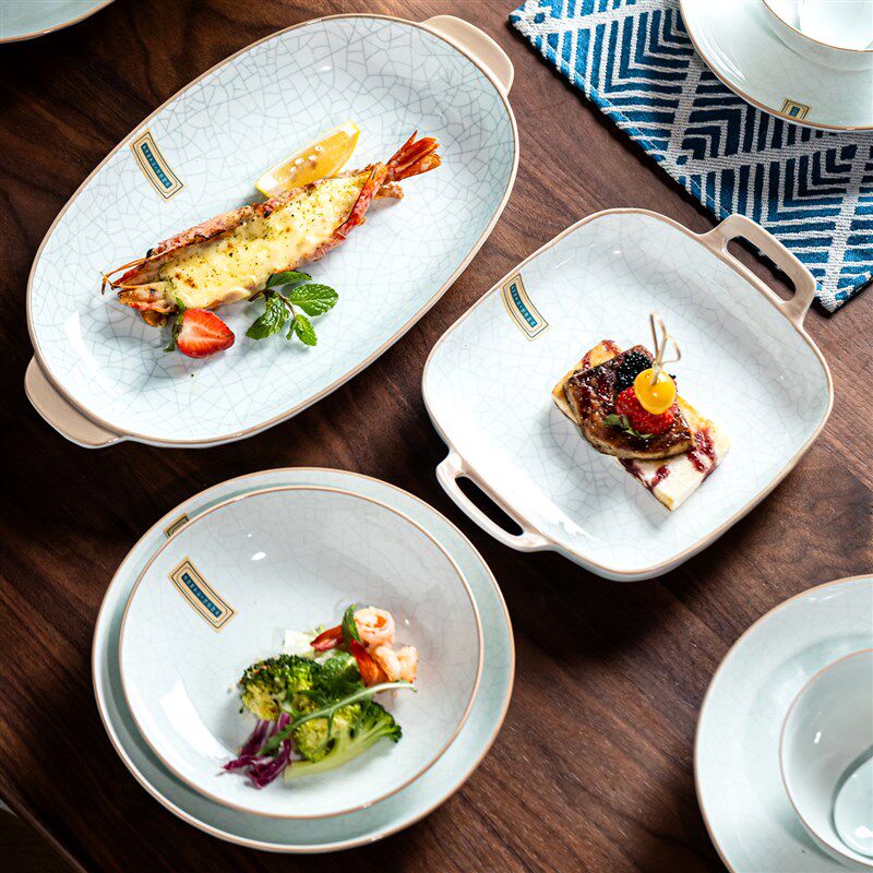 手柄盘漂亮餐盘西餐盘子陶瓷方盘沙拉盘双耳盘盘子深盘高颜值餐具