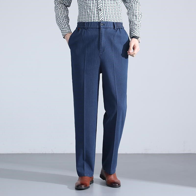 春秋款中老年弹力牛仔长裤夏季薄款宽松直筒裤男士系腰带松紧深裆,男装,中老年下装,淘宝优惠券,粉丝福利购,淘宝优惠卷