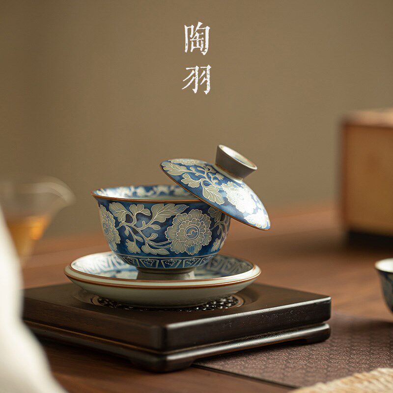汝窑元青花悬停元宝三才盖碗家用陶瓷泡茶碗高档功夫茶具礼盒装