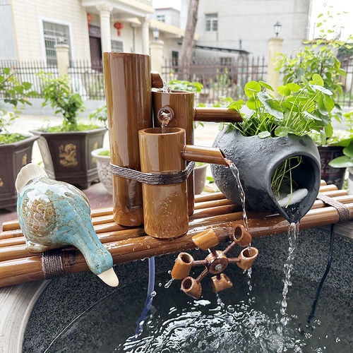 竹子陶罐流水过滤器鱼缸三合一吸粪便养鱼循环系统瓷缸流水增氧器