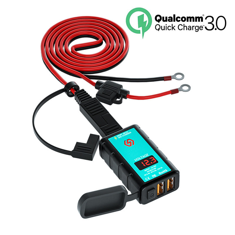 摩托车SAE插头+1.4mOT端转USB手机充电器双QC3.0方形踏板车电压表